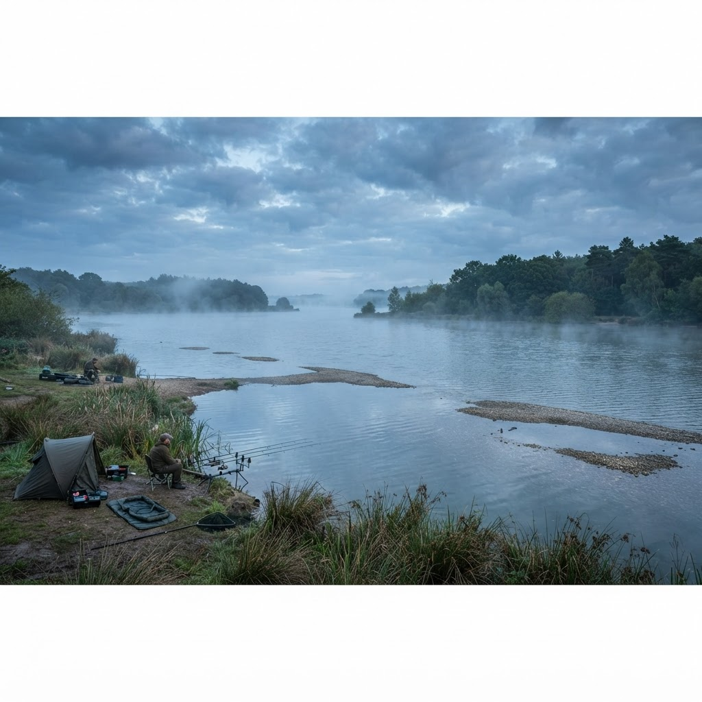 Aerial view of a large reservoir fishery at dawn