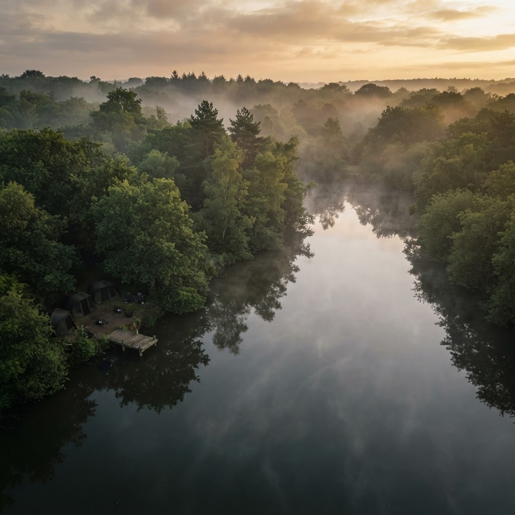 Misty English carp lake at dawn